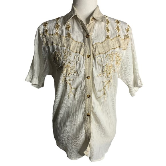 Vintage 90s Button Up Crinkle Blouse M White Short Sleeve Embroidered Cut Outs - Picture 1 of 9